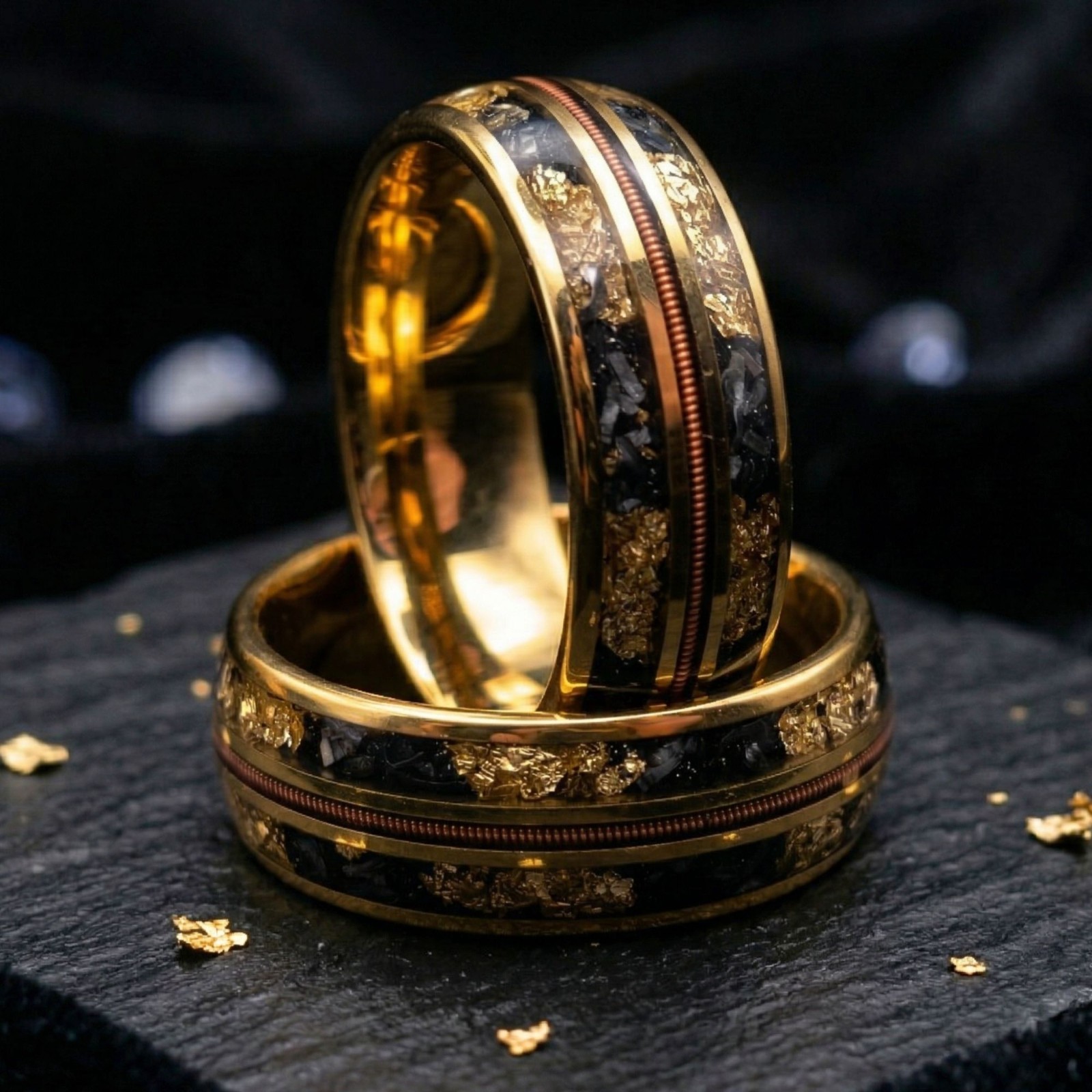 Meteorite Gold Leaf Tungsten Wedding Band – Men’s Yellow Gold Guitar String Ring
