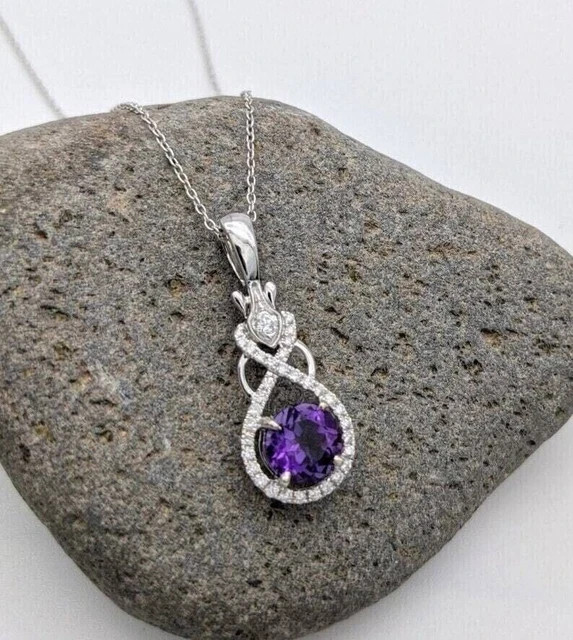 14K White Gold Plated Round Cut Lab Created Purple Amethyst Pendant with Chain