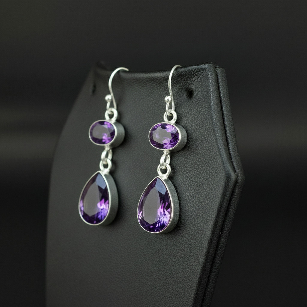 Amethyst Gemstone 925 sterling silver handmade Dangle Drop Earrings 1.90″