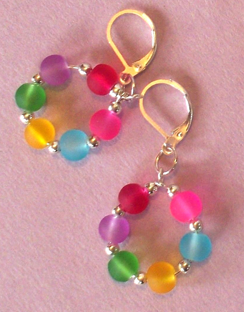 COLORFUL beach glass CRYSTAL earring HOOPS SP LEVERBACK handcrafted