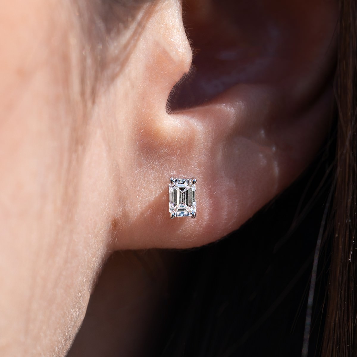 1 CTW Lab Created Diamond Emerald Cut Stud Earrings F-G SI 4-Prong Push Back
