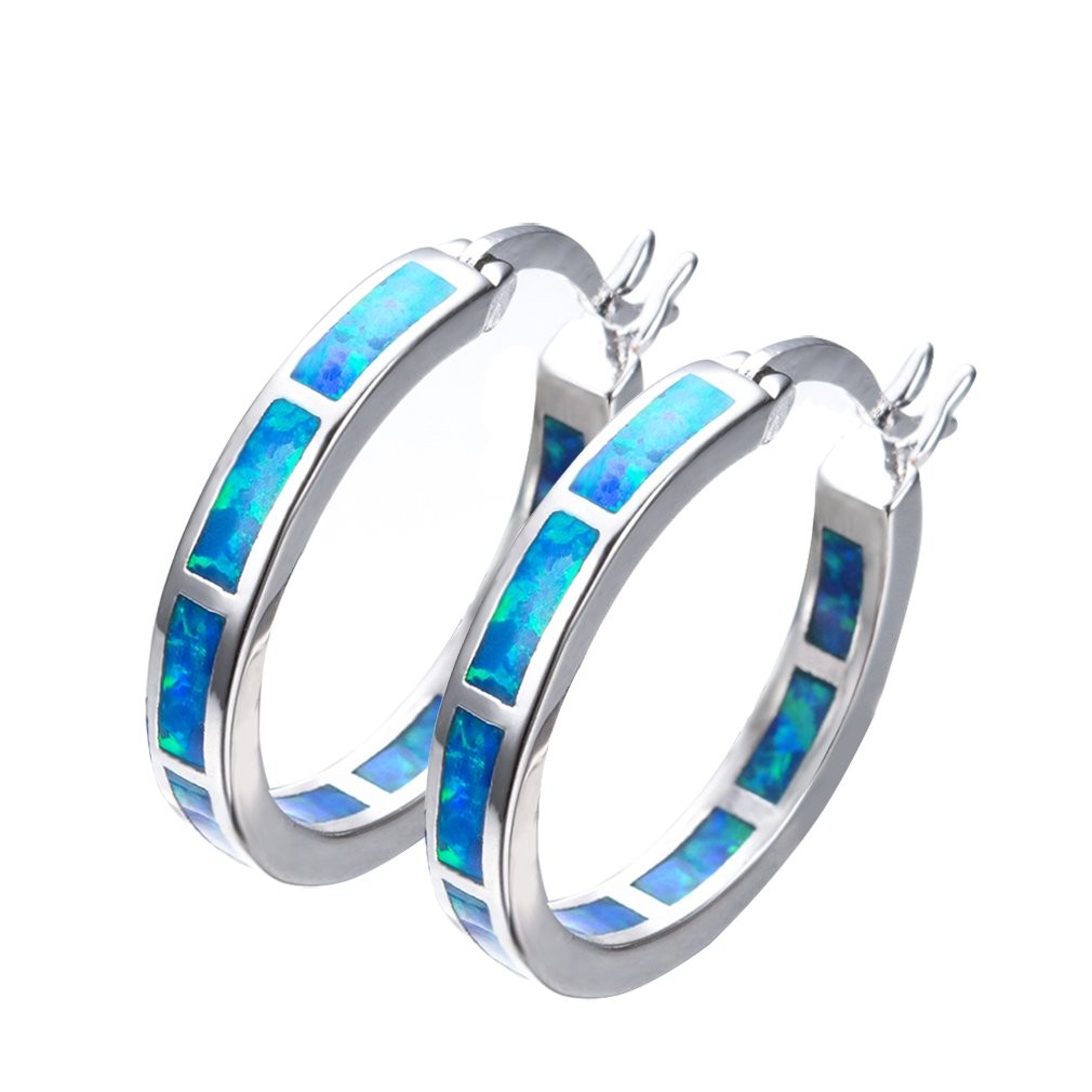 925 Sterling Silver Hoop Earring, Opal Small Small, Blue and Sliver