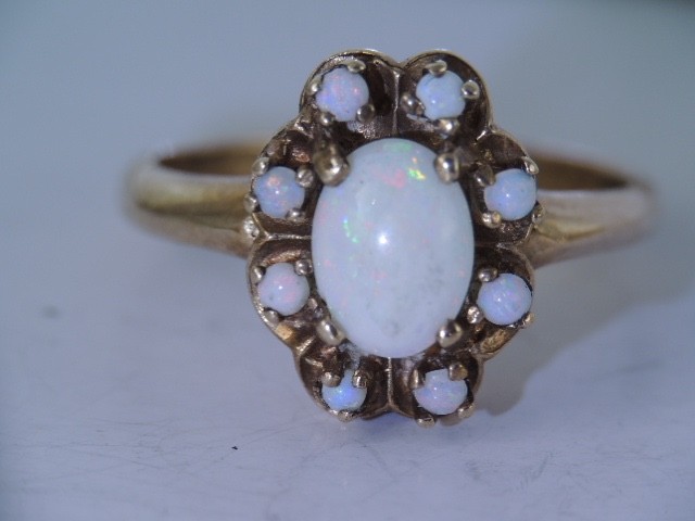 VINTAGE 10K YELLOW GOLD NATURAL COLORFUL OPAL HALO RING sz 6