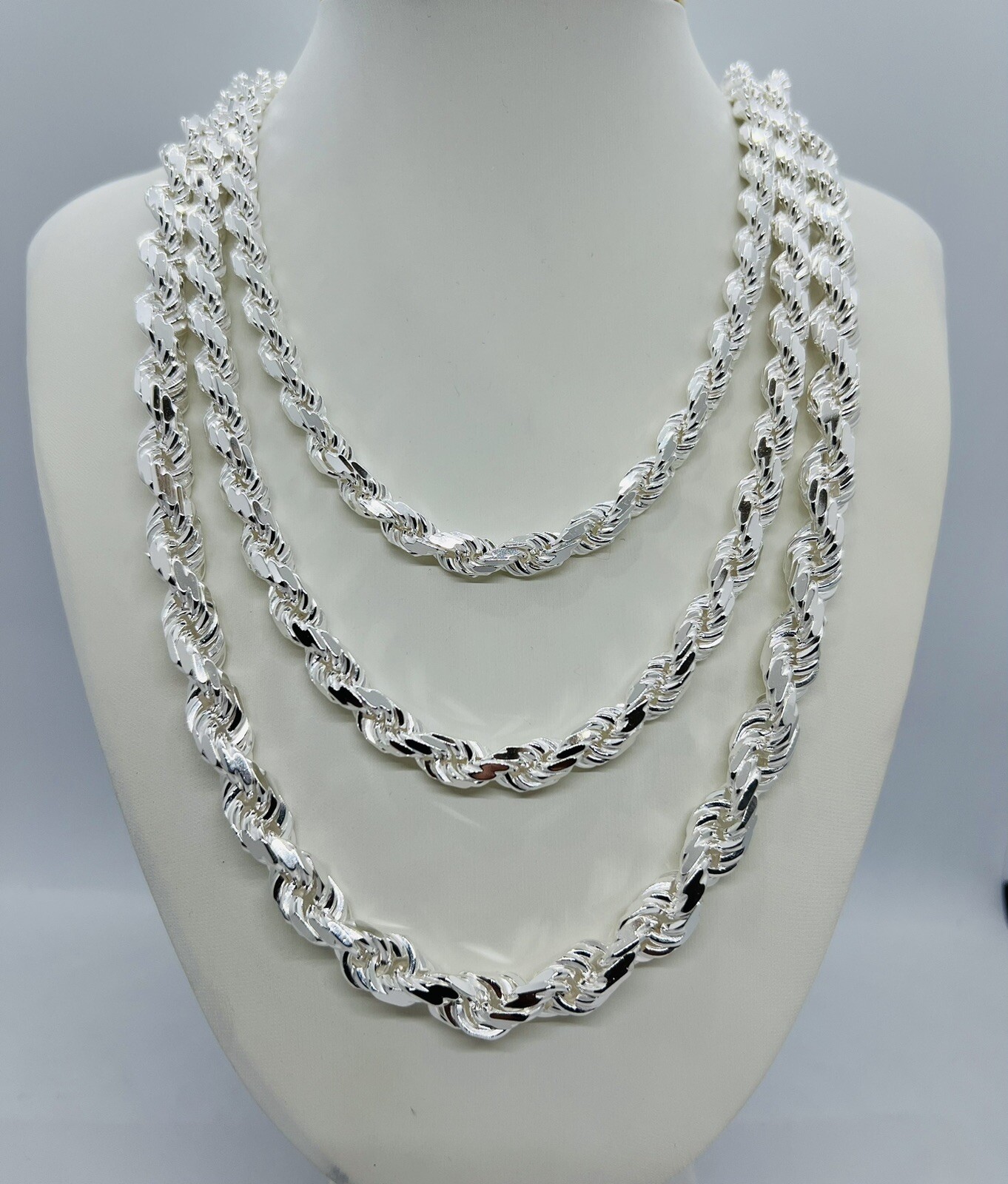 925 Sterling Silver Diamond Cut Rope chain Men’s Necklace 7mm, 8mm, 9mm 20″- 30″