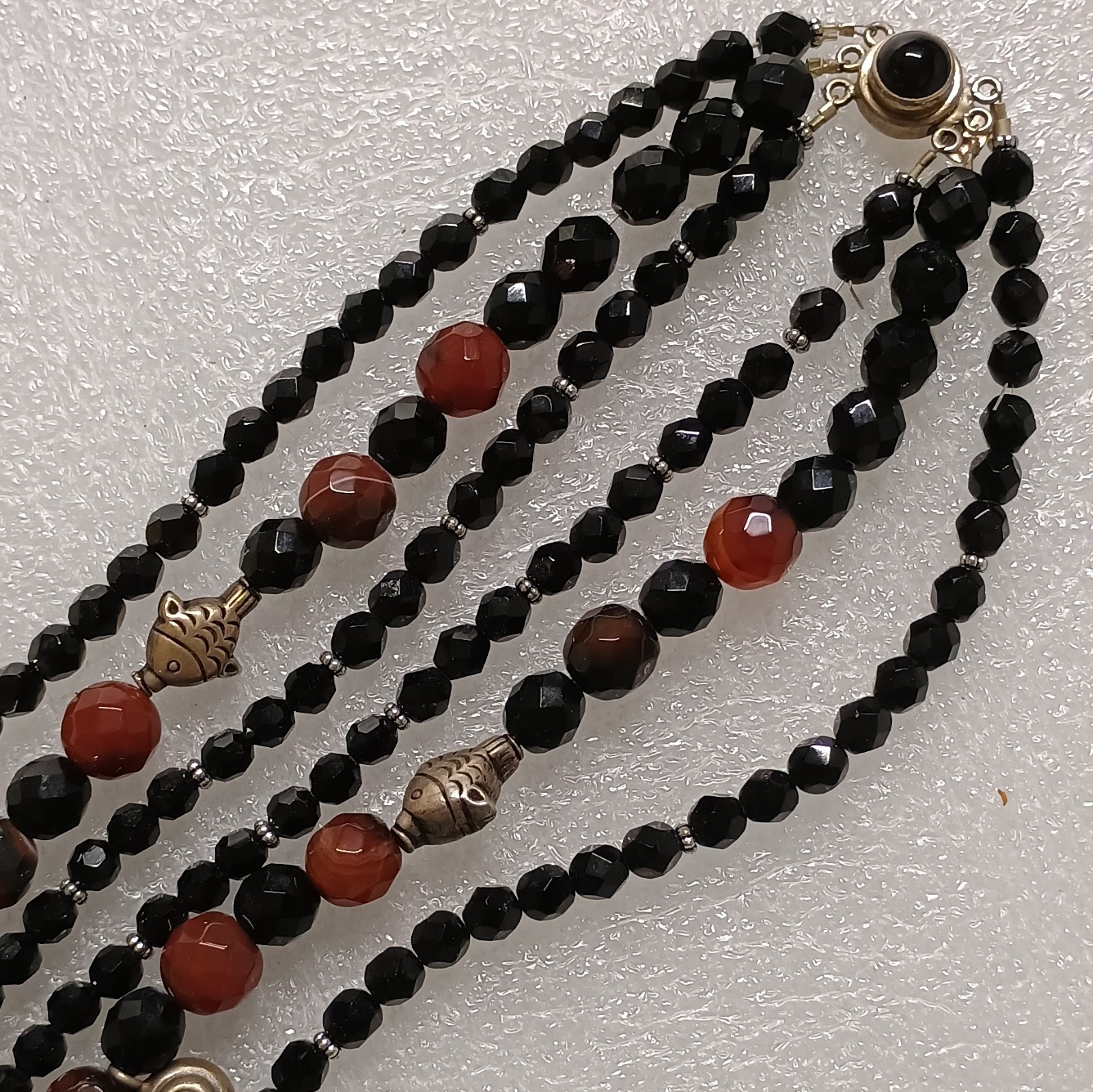Multi-Strand Layered Black Red Beaded Necklace w/ Round Agate Turtle Charms .925