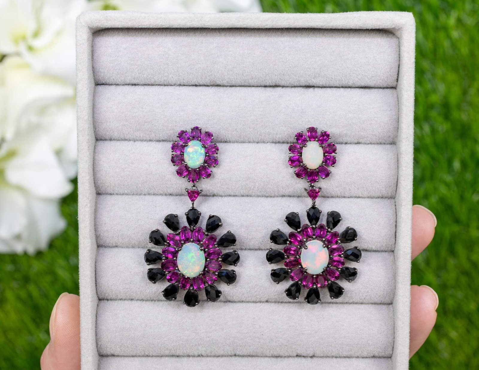 Natural Ethiopian Opal Rhodolite Dangle Earrings 29ct Sterling Silver