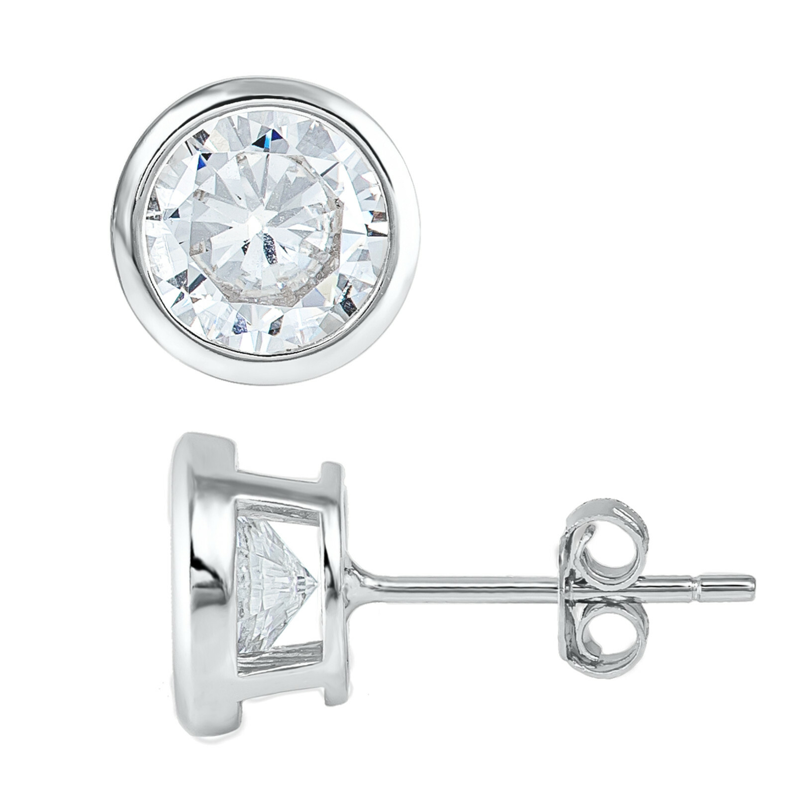 Sterling Silver 925 Silver / Gold Bezel Round CZ Stud Earrings Push Back 3mm-7mm