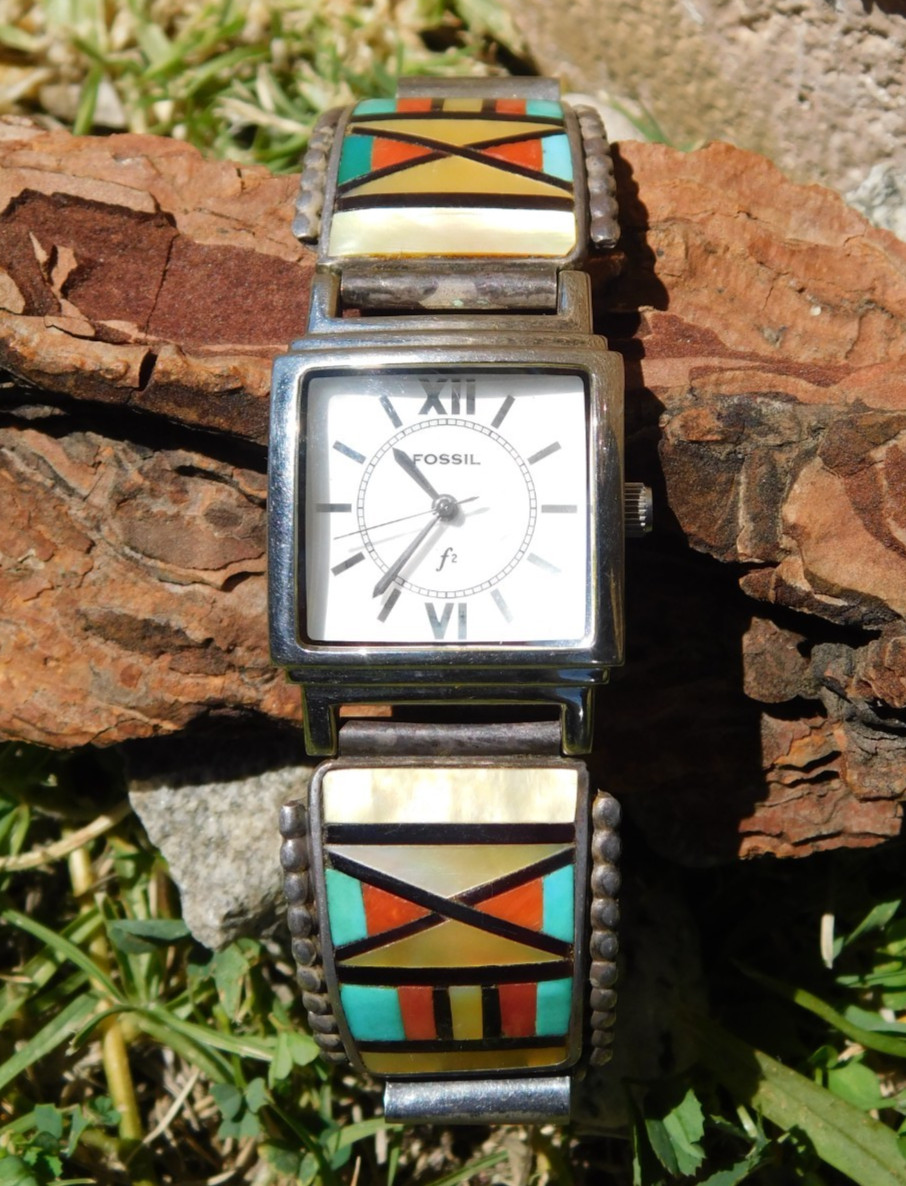 Herbert & Ester Cellicion Zuni Sterling Silver Multi Gemstone Flush Watch Tips
