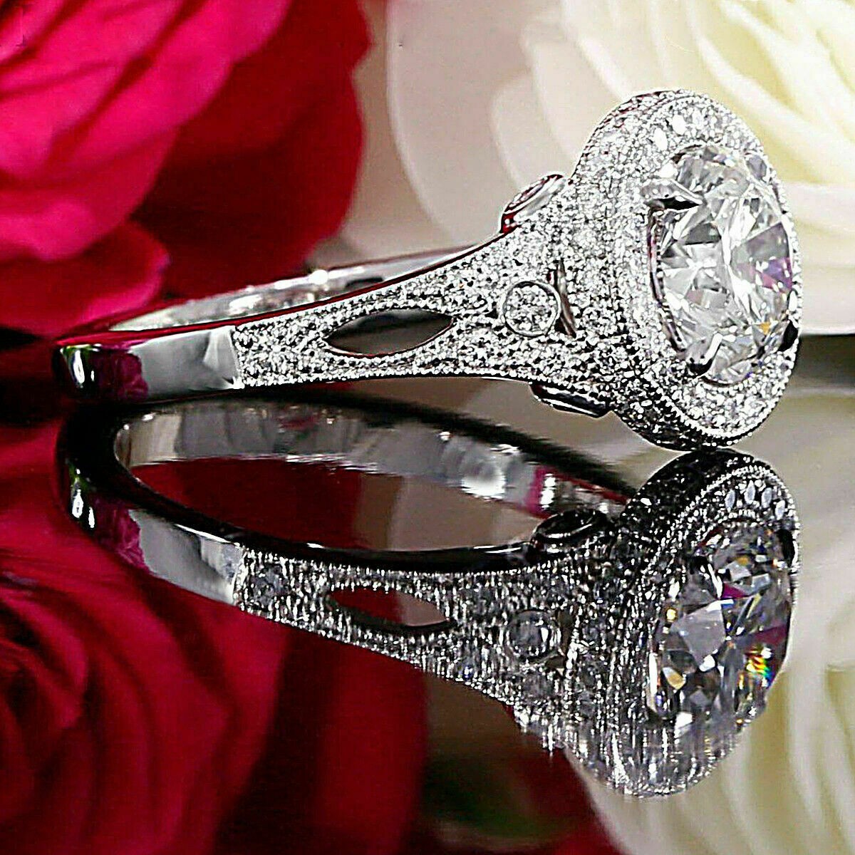 3Ct Round Simulated Diamond Round Flower Engagement Ring 14k White Gold Plated