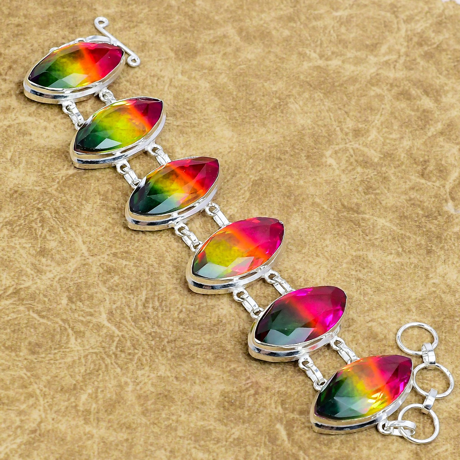 Natural Multi Tourmaline Handmade Bracelet 925 Sterling Silver Marquise Jewelry