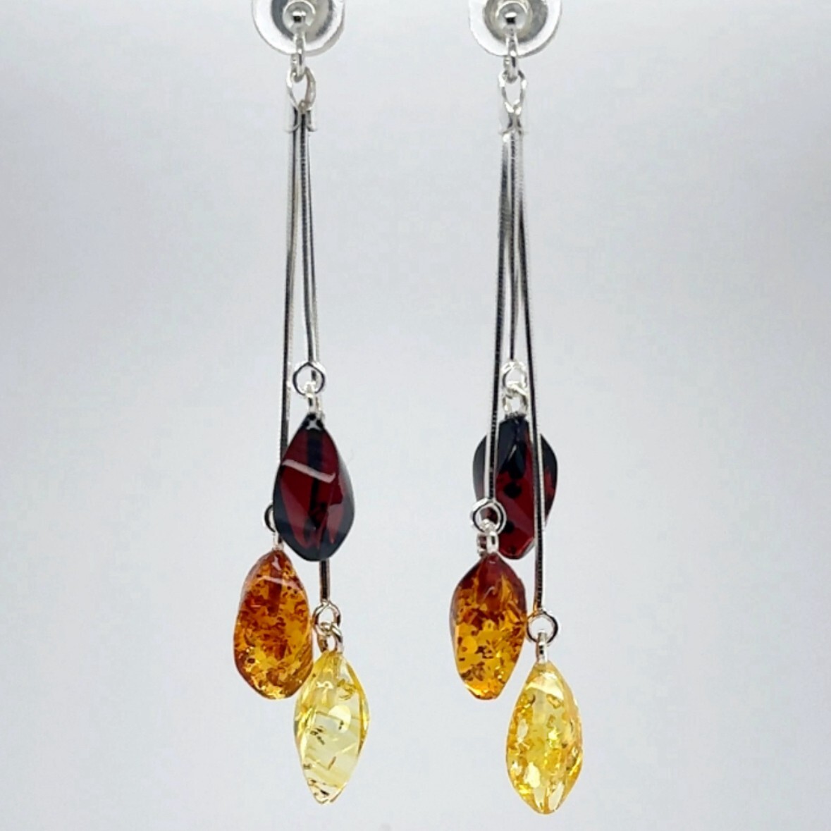 Multi-Color BALTIC AMBER Dangle Post Earrings 925 STERLING SILVER Poland #4809e