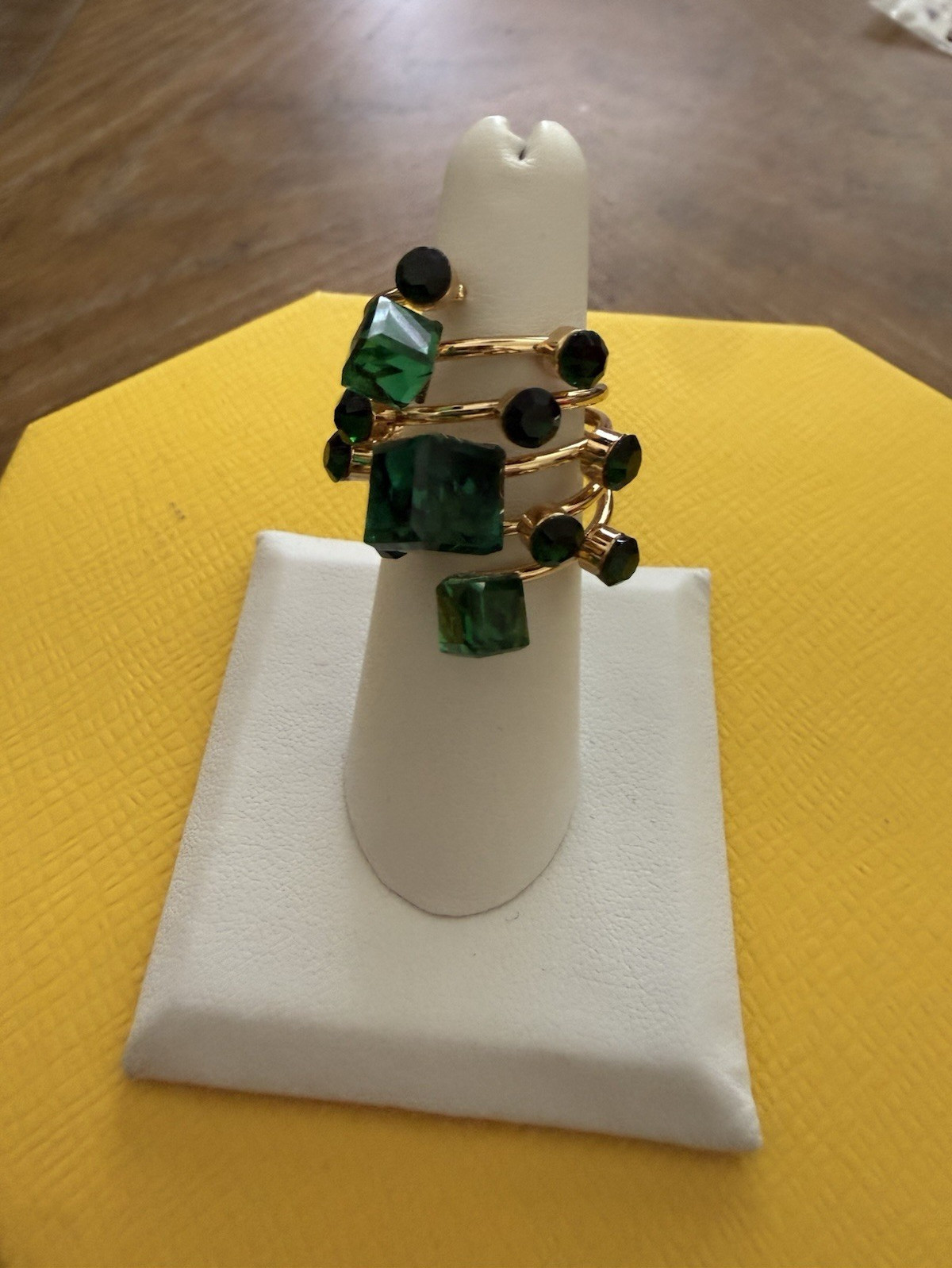 Gold Tone Multi-Band Stackable Statement Ring Green Square Crystal Black Size 7