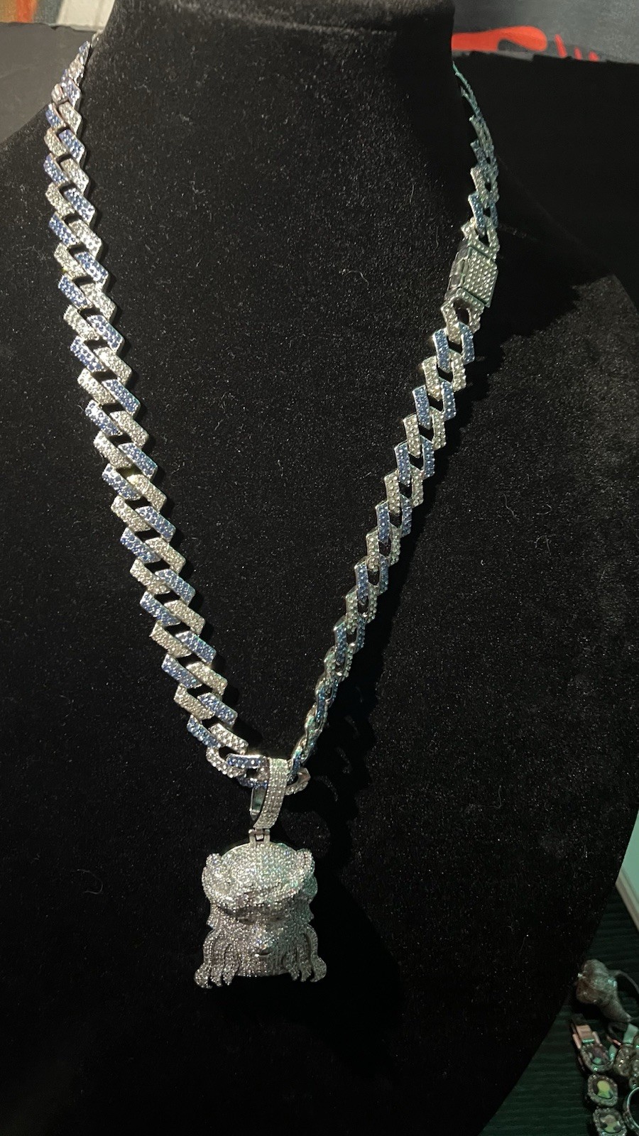 22” iced out 5ACZ blue & silver Cuban w Jesus pendant full iced