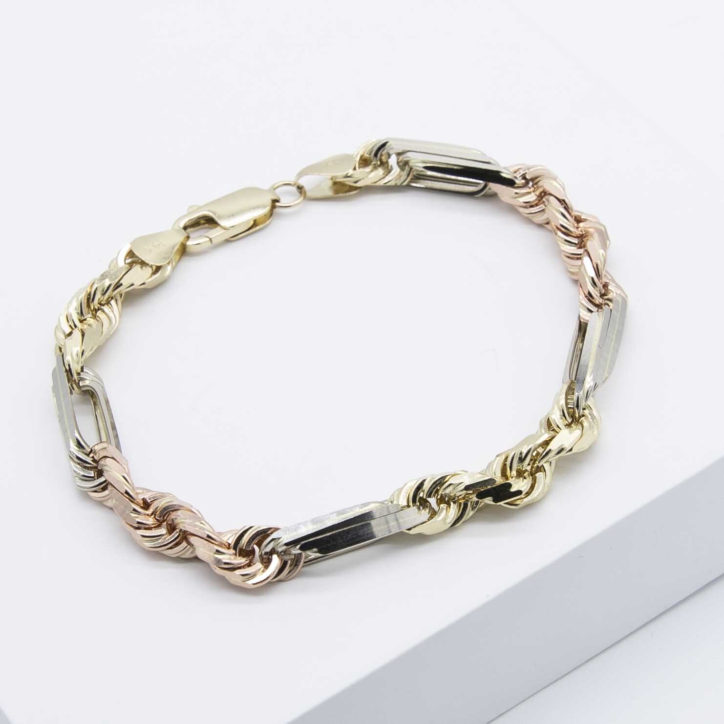 Milano Figaro Rope Chain Bracelet Real 14K Tricolor Gold All Sizes