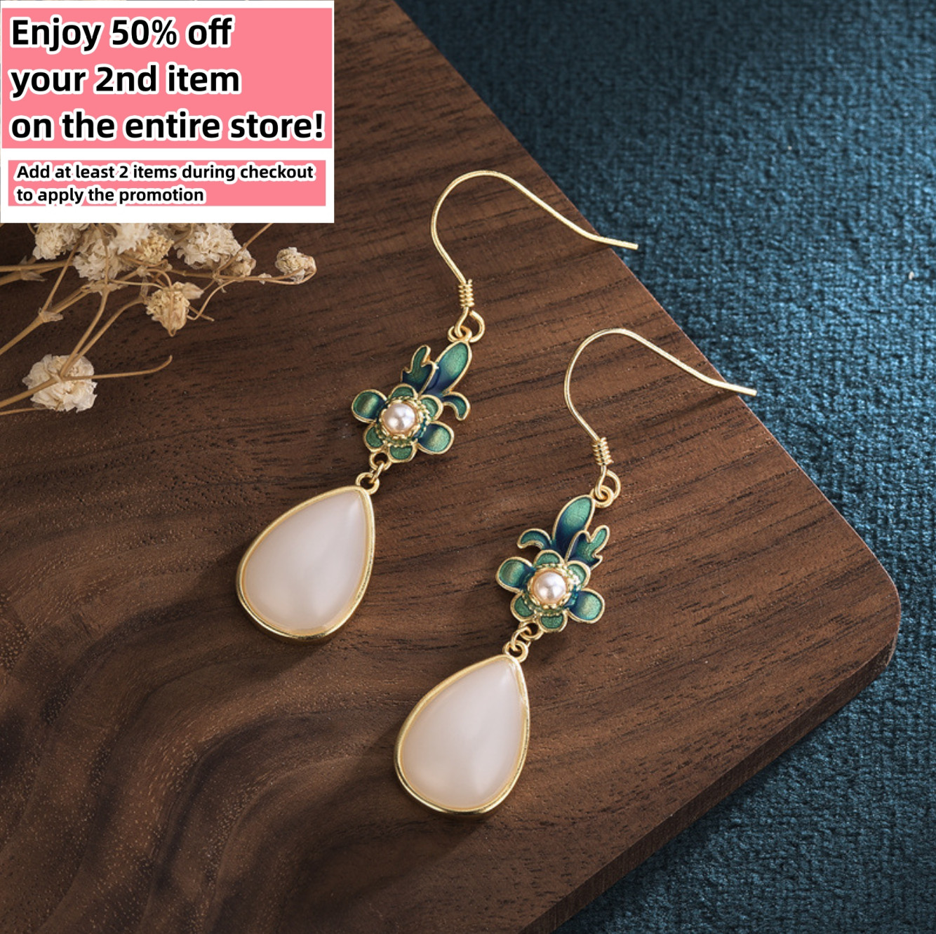 Jade Drop Dangle Earrings Flowers Cloisonne Bohemian Ear Hook 18K Gold Plated
