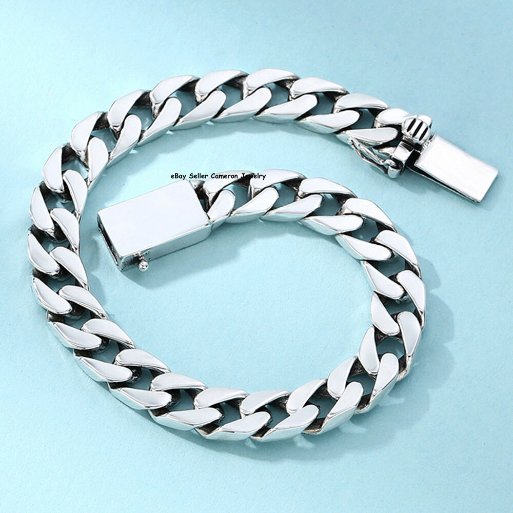 Pure S925 Sterling Silver Chain Men Women 7mm Curb Link Bracelet 7.1-7.9inch L