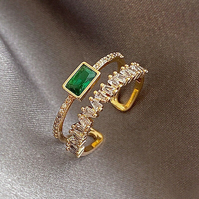 2Ct Emerald Cut Simulated Emerald Adjustable Ring 14k Yellow Gold Plated Silver