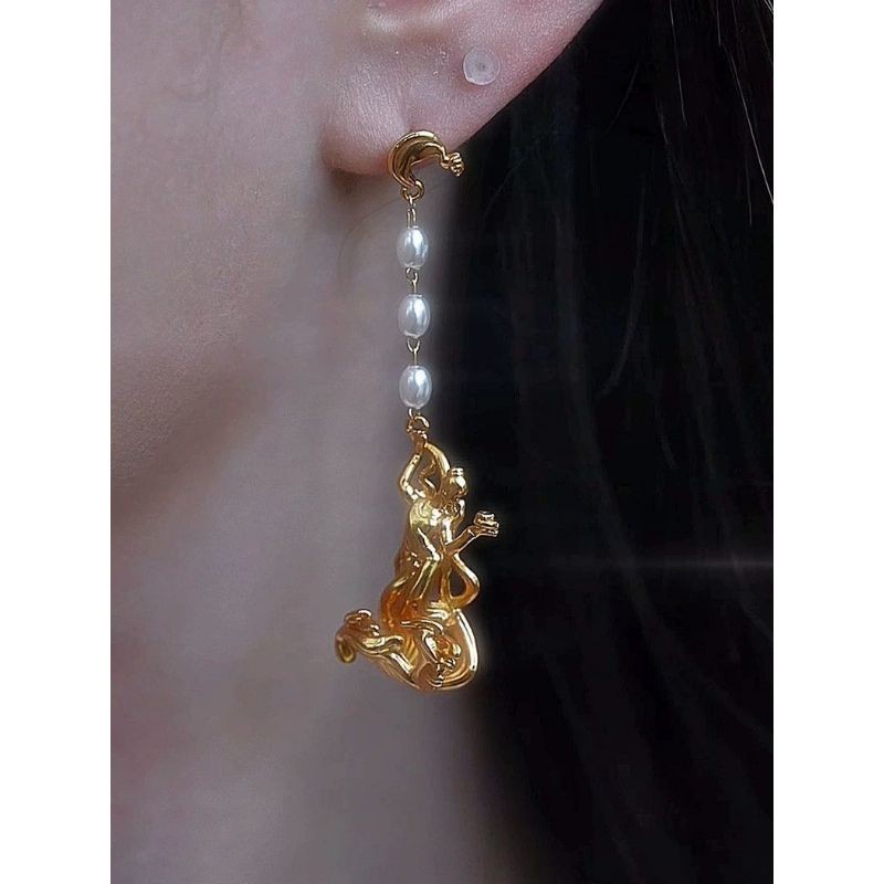 Vintage Dunhuang Feitian Asymmetrical Gold Tone Drop Earrings with Pearls