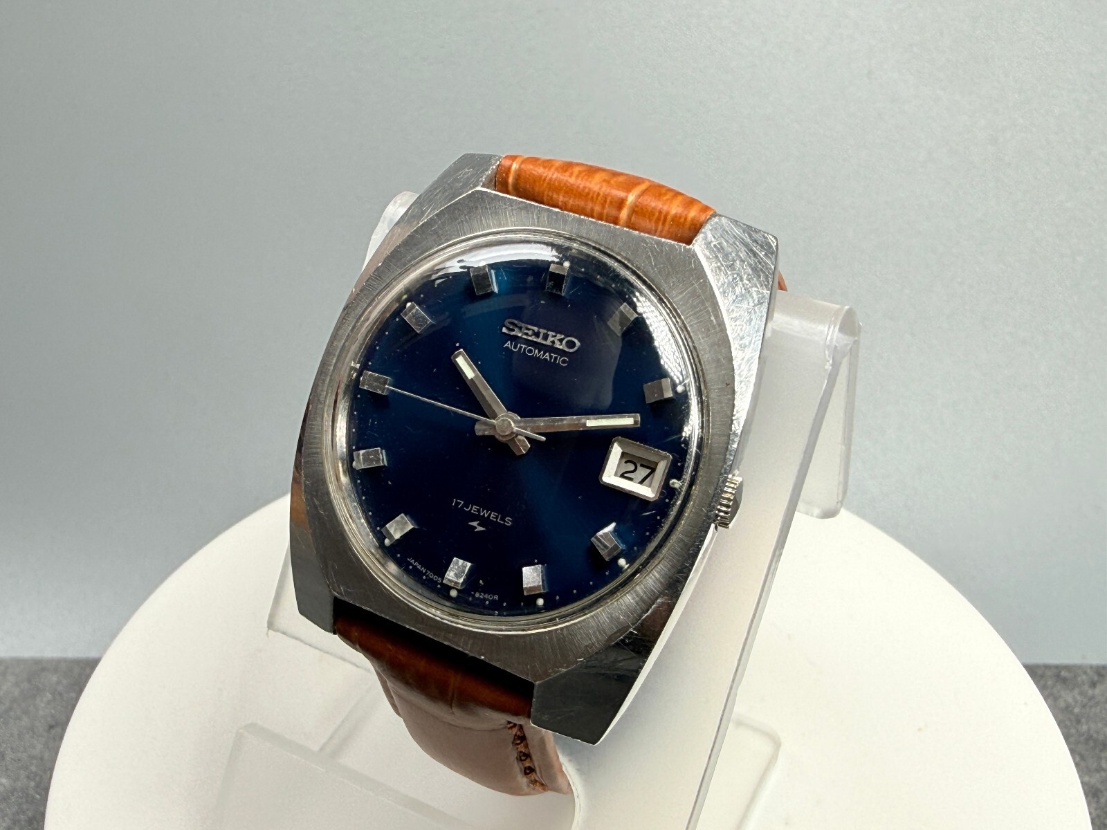 Seiko 7005-8160 Blue Dial Automatic Vintage 35mm New Leather Strap Runs