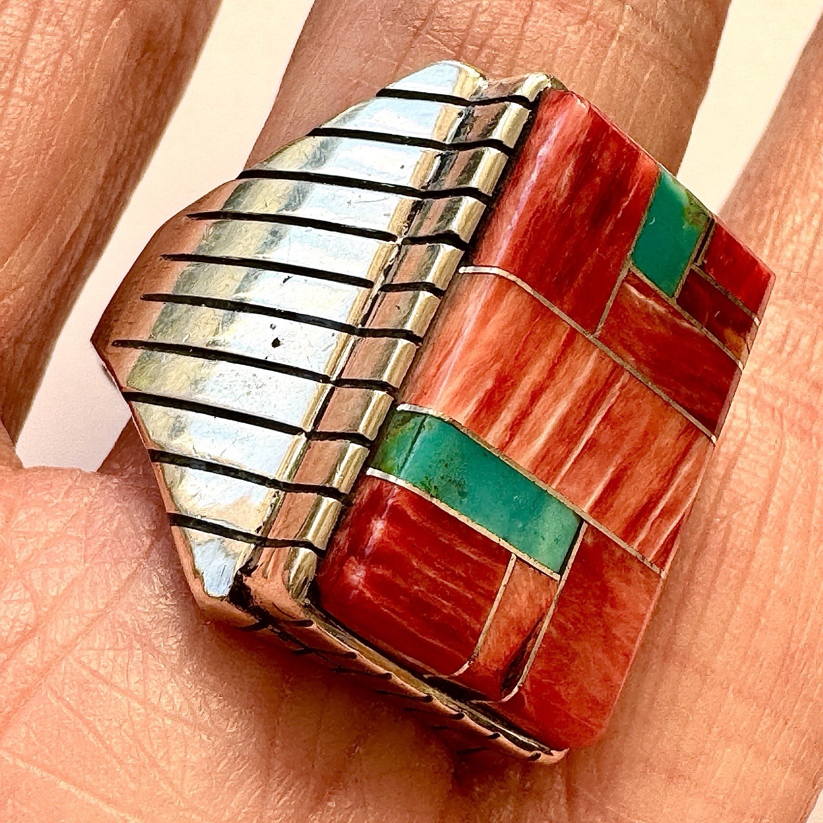 Turquoise Multi Stone Inlay Mens Ring Sz 12.5 Navajo Sterling Signed T Jack 22mm