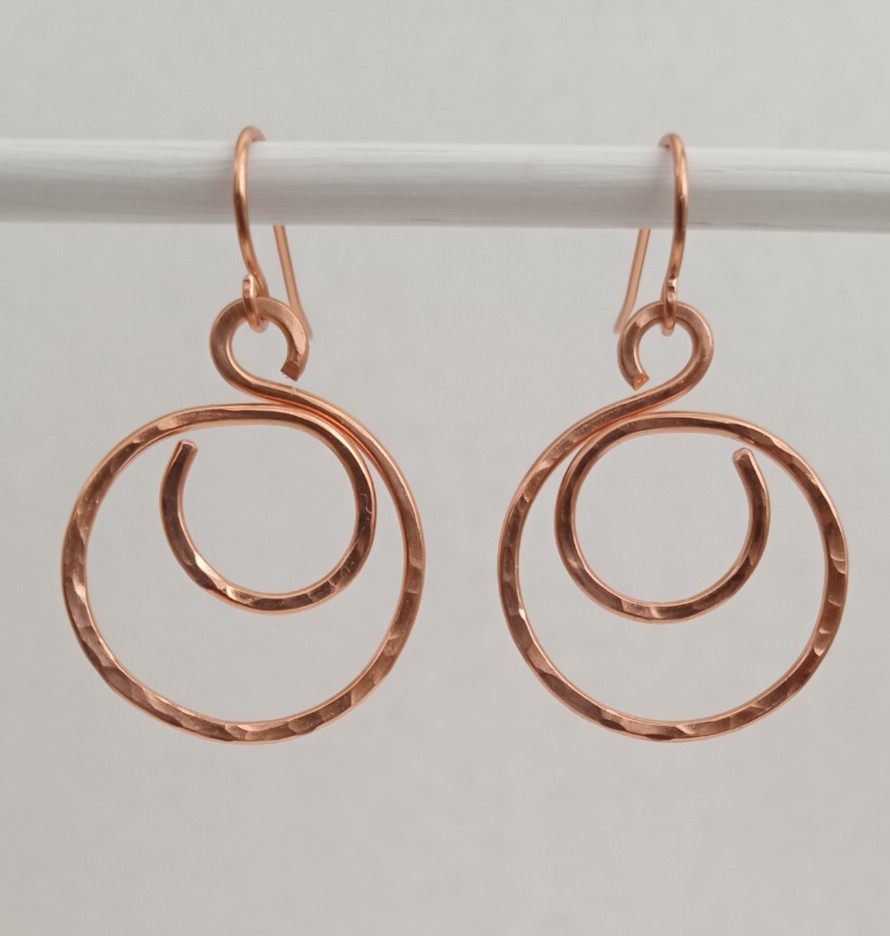 Handmade USA Copper Earrings Swirl Hoop Hammered And Textured Fish Hooks