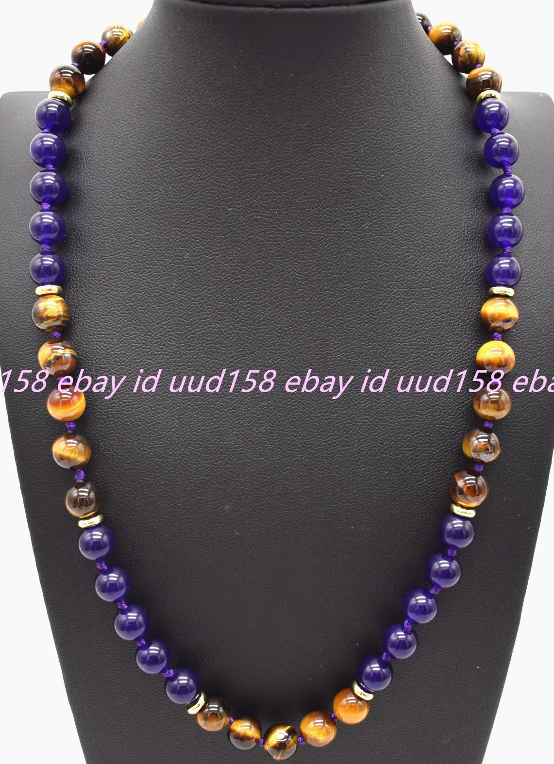 Natural 8mm Yellow Tiger’s Eye Purple Jade Gemstone Round Beads Necklace 16-36in