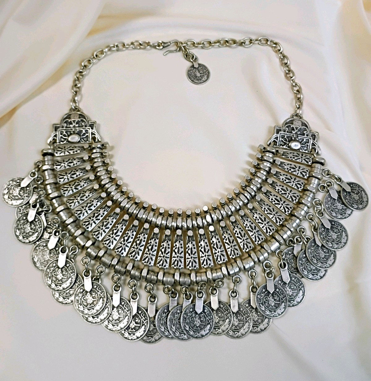 Silver Tone Metal Coin Charm Statement Bib Collar Necklace Cable Chain Hook