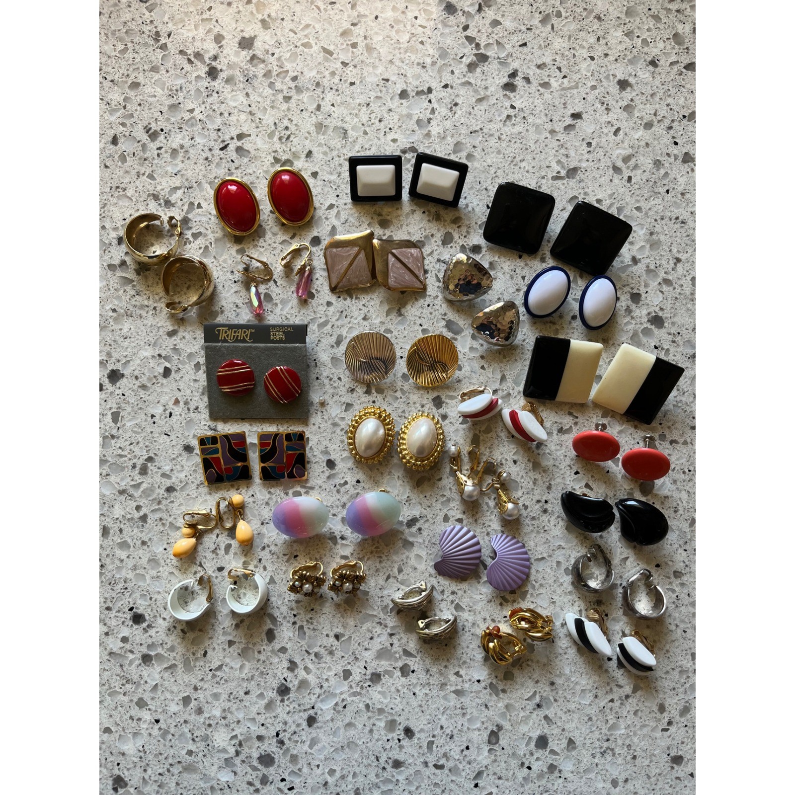 Vintage 80s 90s Earring Lot 20 Pairs Trifari Geometric Enamel Clip On Post Studs