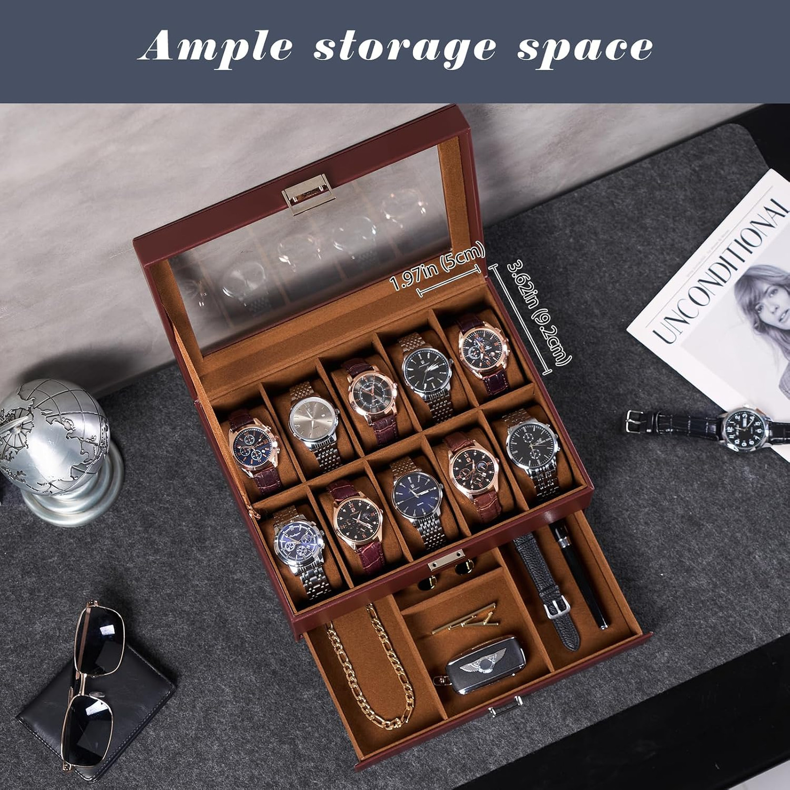 Watch Box with Glass Lid, Espresso, 10 Slots, 2-Layer Jewelry Organizer, Men’s
