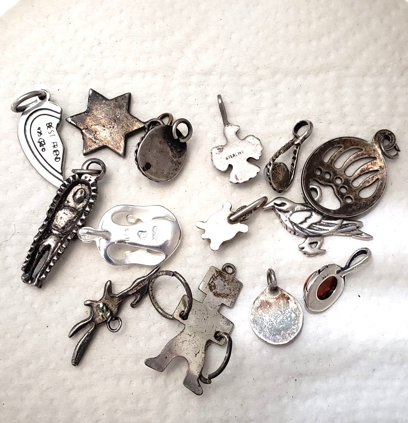 VINTAGE HAND MADE NATIVE AMERICAN SILVER CHARM LOT INLAYED ZUNI NAVAJO