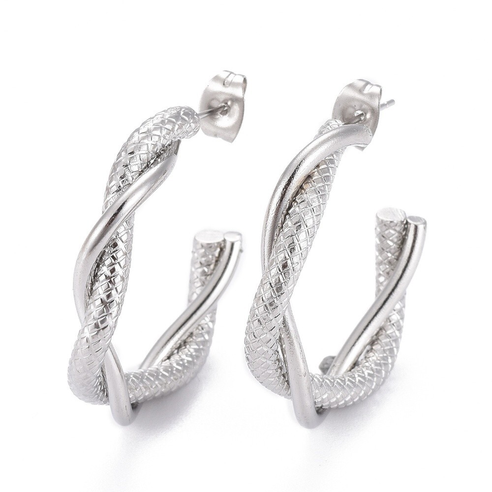 Half Hoop Hypoallergenic Earrings Twisted Textured 30x5mm pin:0.5 mm Stainless S