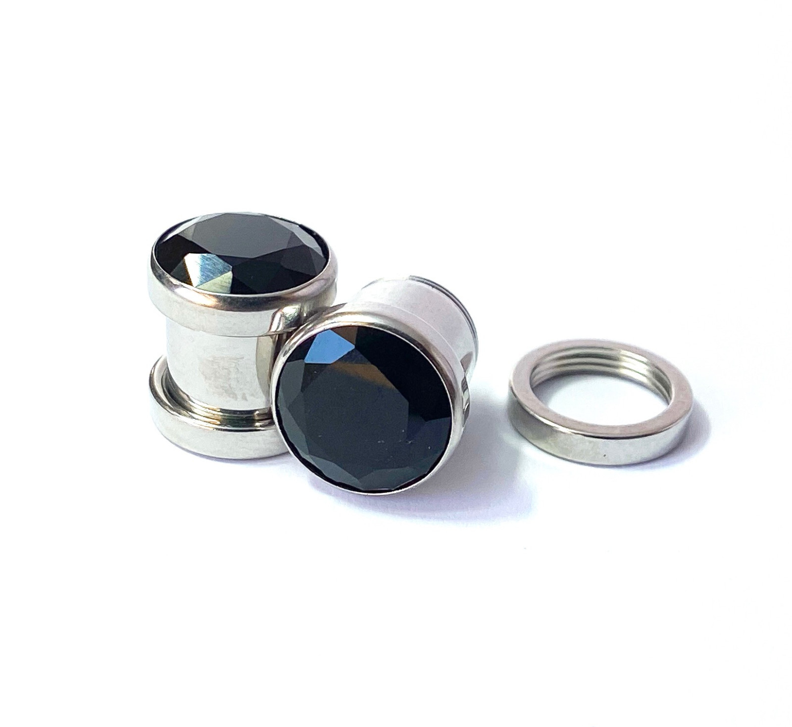 PAIR Large Black Gem Screw Fit Tunnel Plugs Gauges Pierced Body Jewelry Piercing