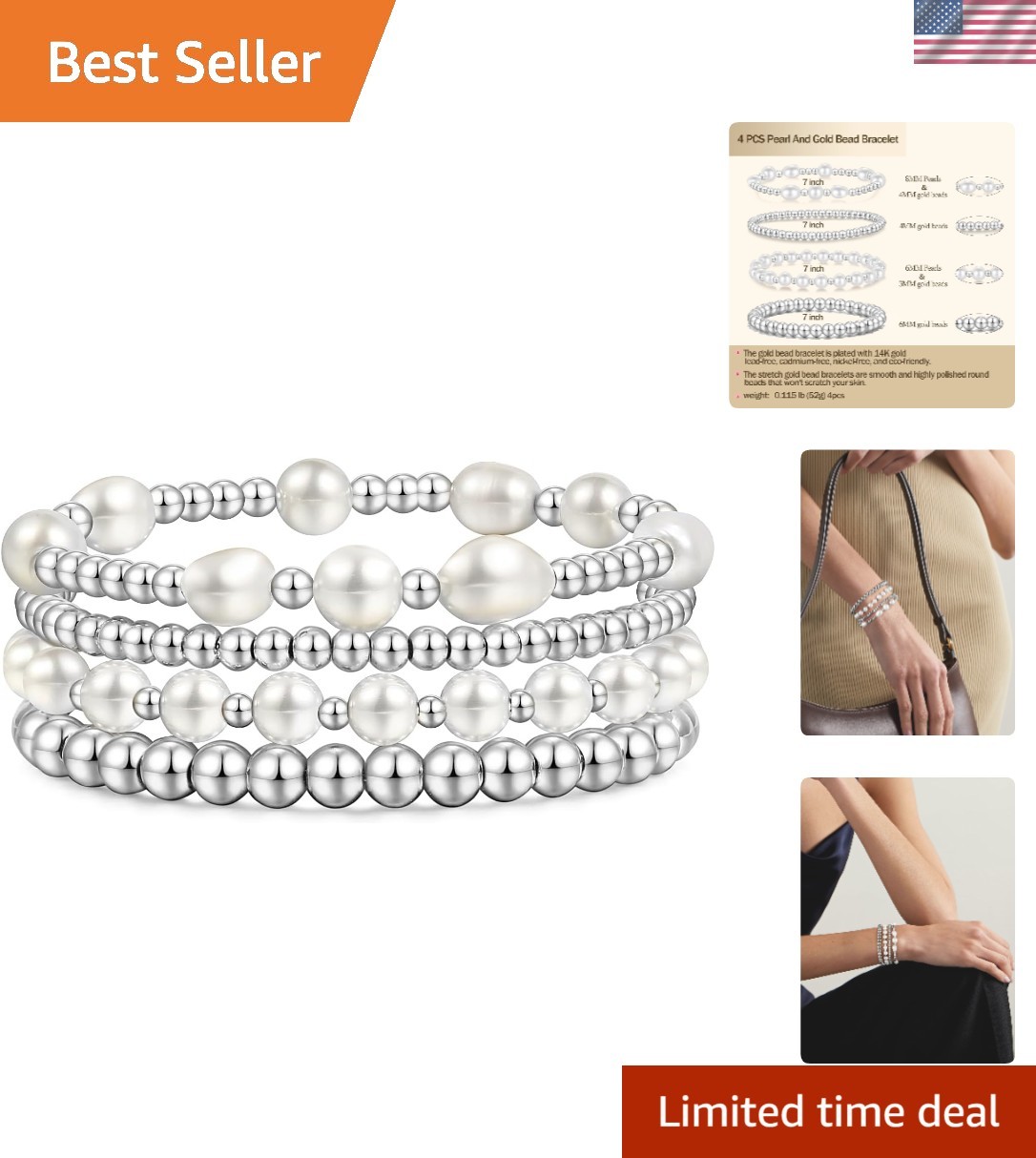 Versatile 14k Gold Beaded Bracelet Set – Elegant 7-Inch Layered Bangle Design