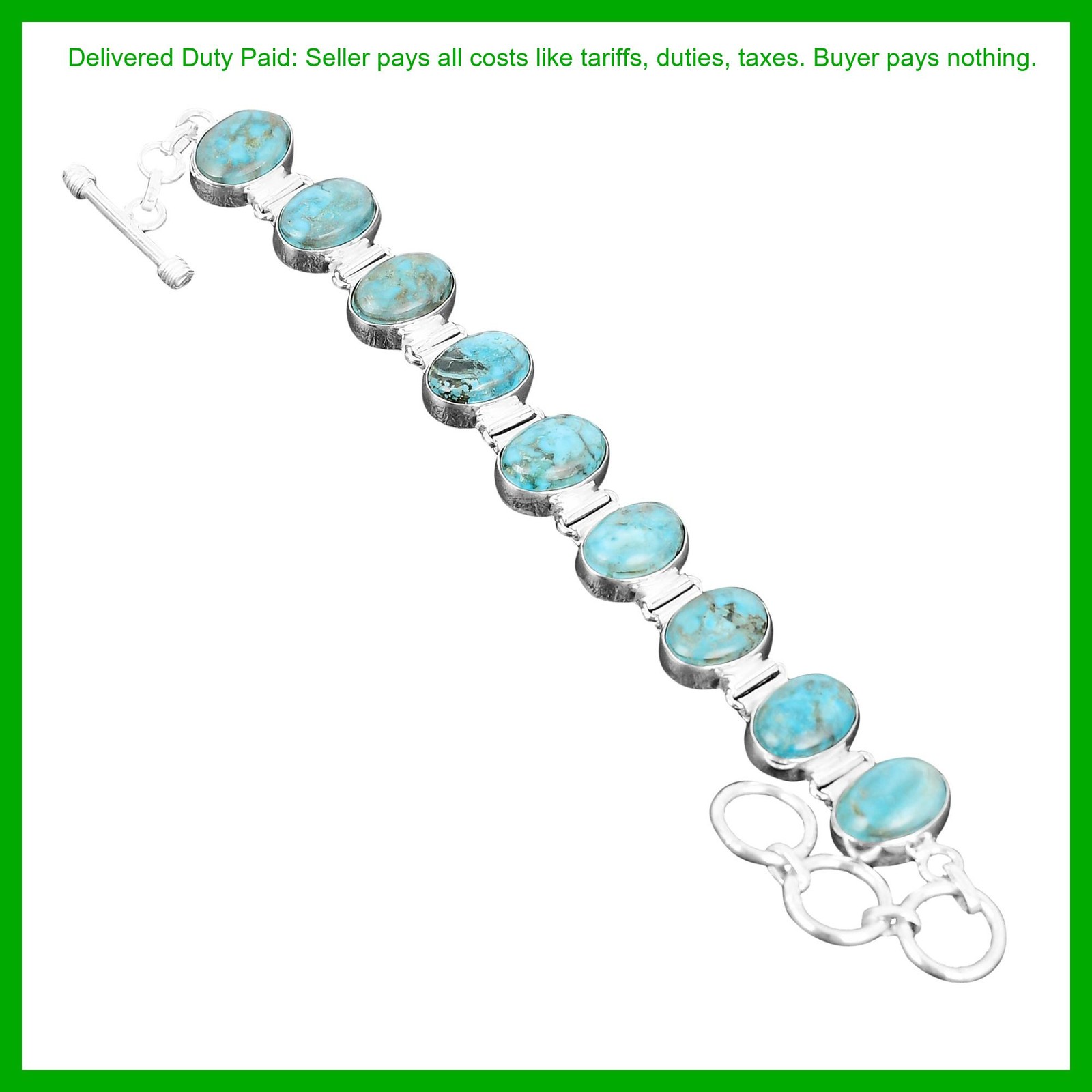Sterling Silver Oval Tibetan Turquoise Stone Artisan New Chain Bracelet Jewelry