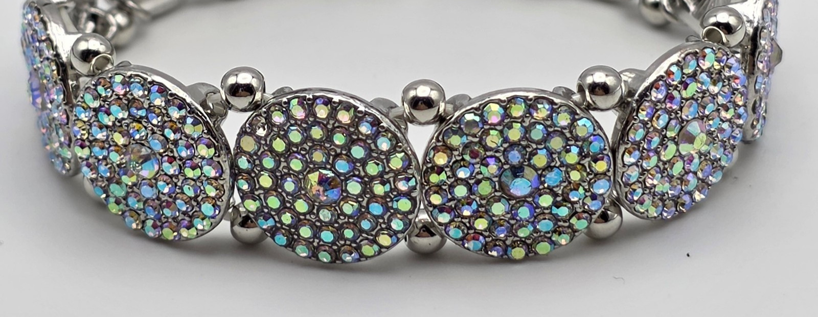Silver Tone AB Crystal Pave Circle Link Stretch Bracelet 6.5 In Statement
