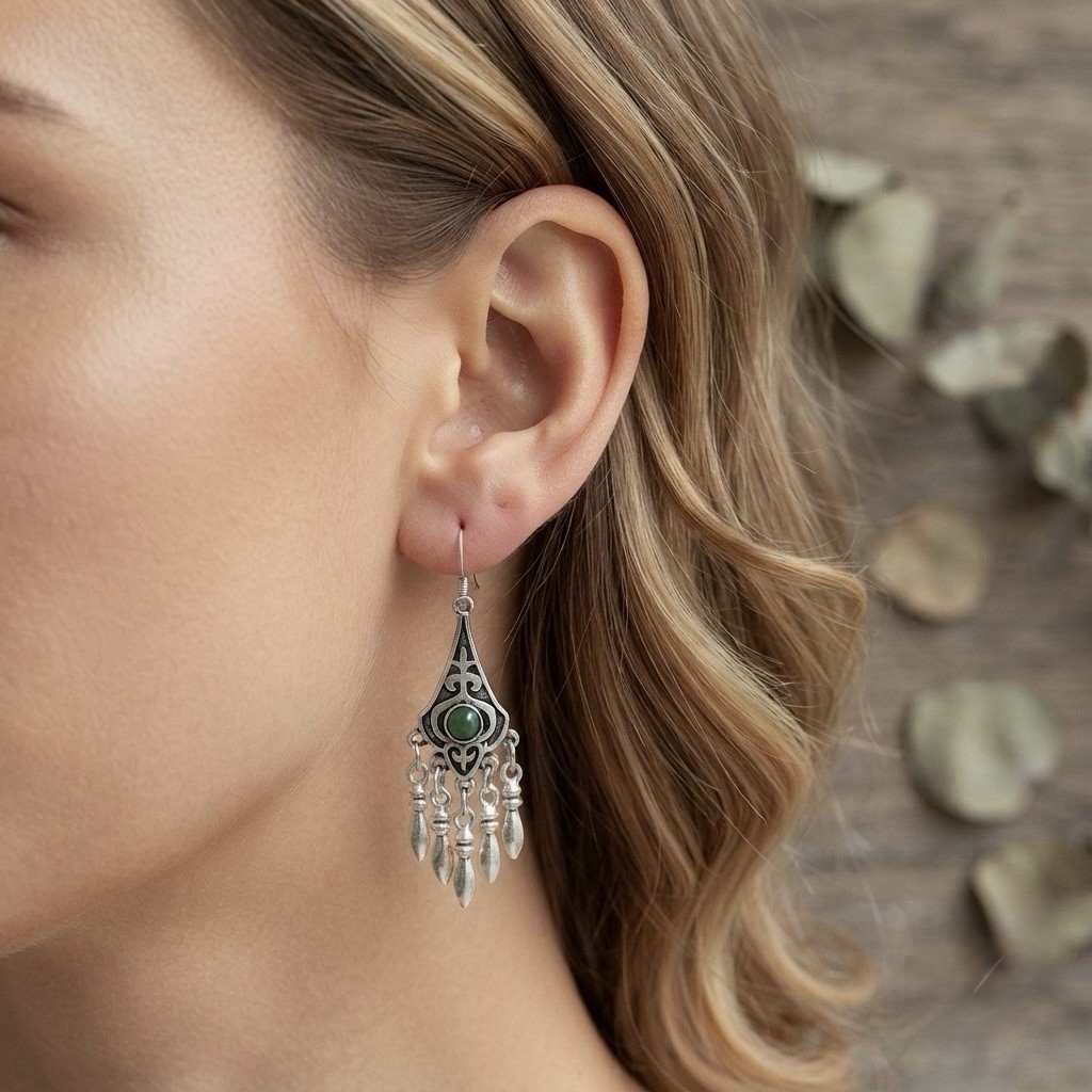Silver Tone Bohemian Teardrop Dangle Drop Hook Earrings Green Round Stone