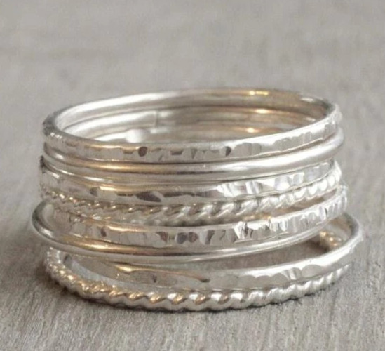 925 Sterling Silver, Solid Silver, Band Ring, Unisex, Set of 8 Stacking Rings