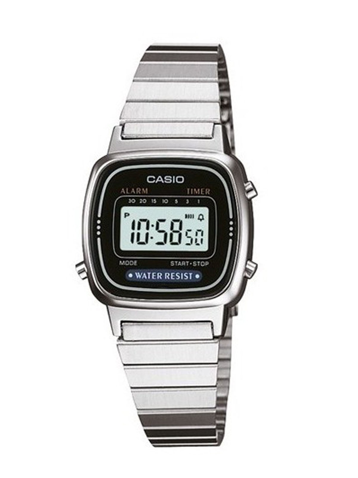 Casio LA670WA-1. Ladies Digital Silvertone Watch, Chronograph. Alarm