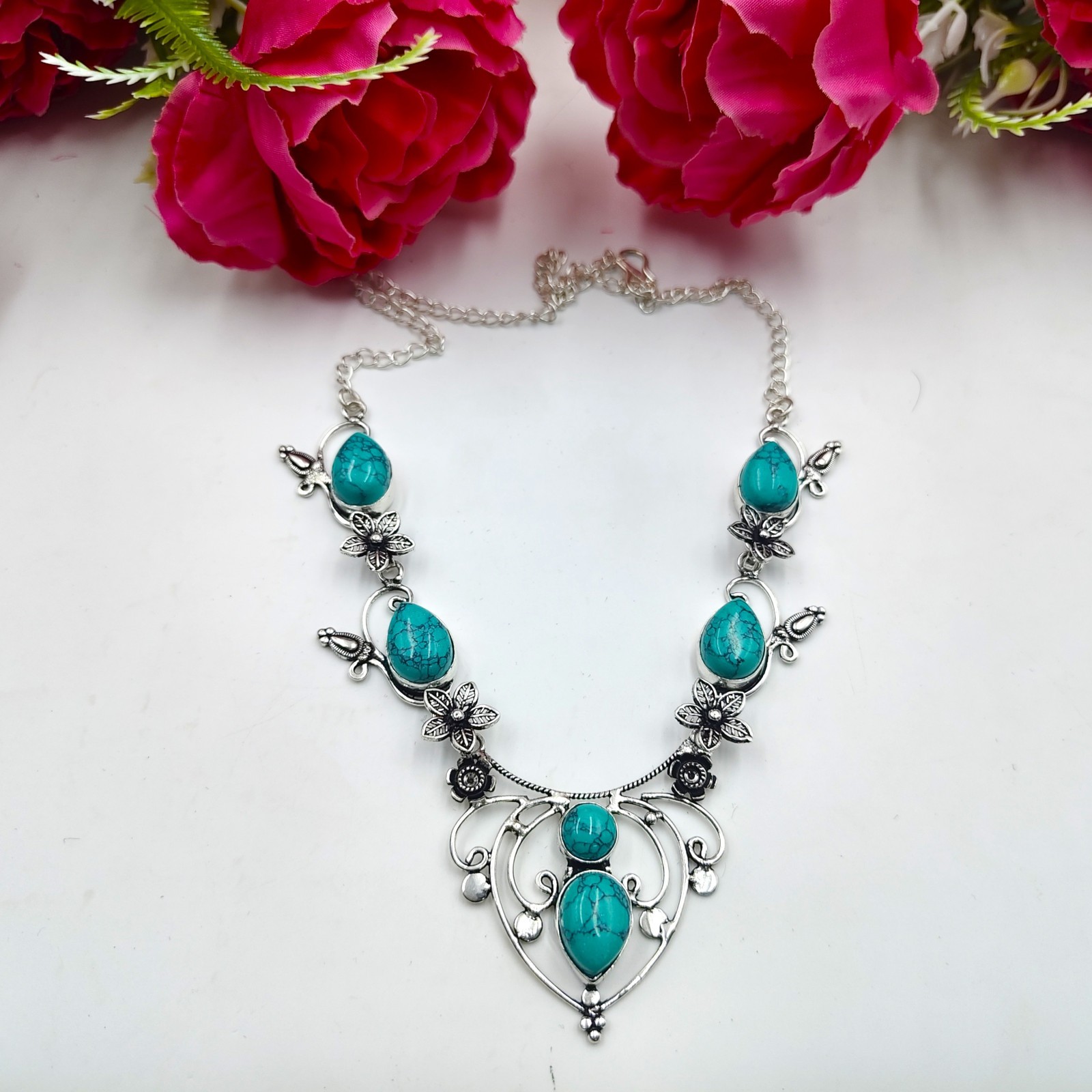 Blue Turquoise Gemstone Handmade 925 Sterling Silver Jewelry Necklace Sz-17-18″
