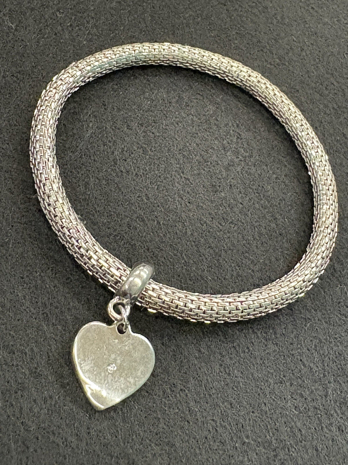 Silver Toned Mesh Bracelet With Rhinestone Heart Charm • Stretch Mesh