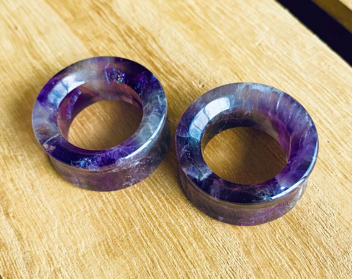 PAIR Amethyst Amythest Organic Stone Tunnels Plugs Earlets Gauges