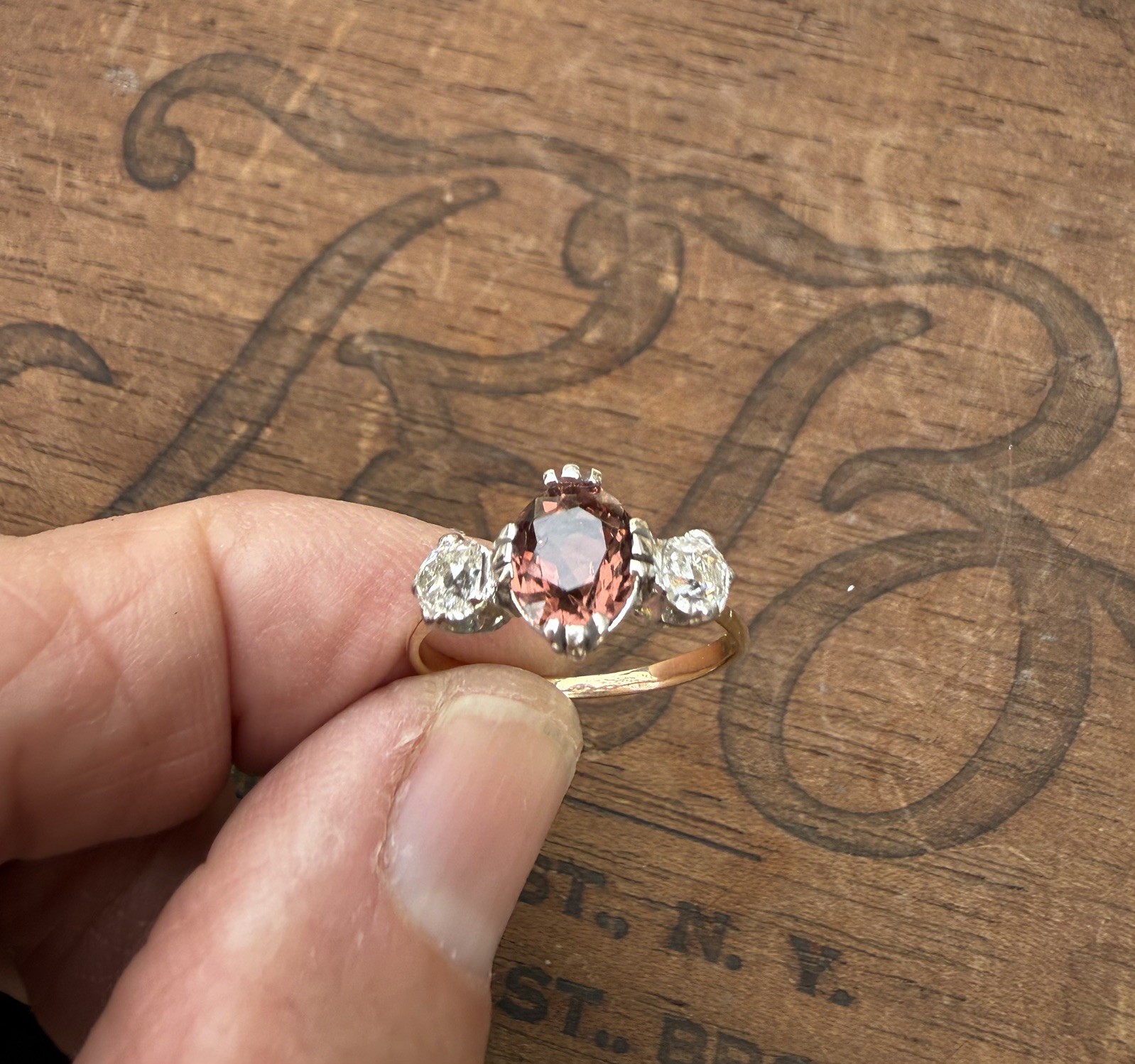 Victorian Trilogy Ring in 18KYellow & White Gold, Spinel 1Ct & 2 (22.5pt) diamon