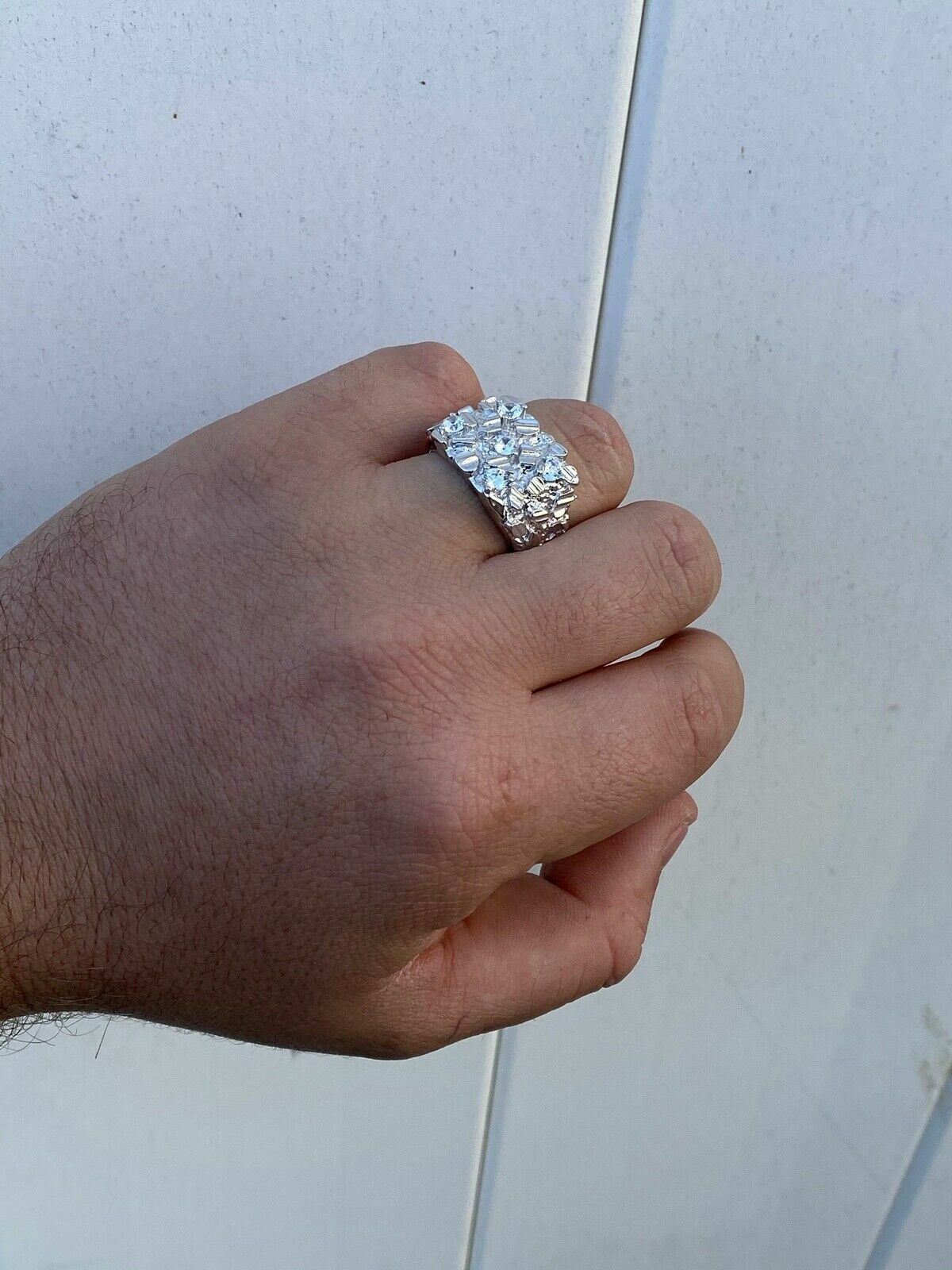 Mens REAL Solid 925 Sterling Silver Iced Nugget Ring Hip Hop CZ