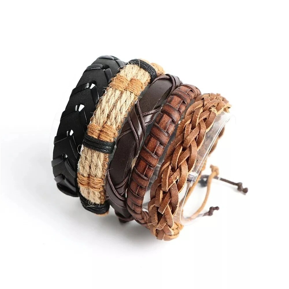 20pcs Braided Leather Bracelets, Wrap Cuff with Wood Beads Hemp for Men & Women