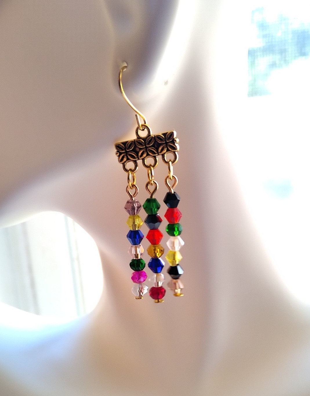 Multicolor Crystal Beaded Dangle Earrings Handmade Gold Tone Hook Boho Chic
