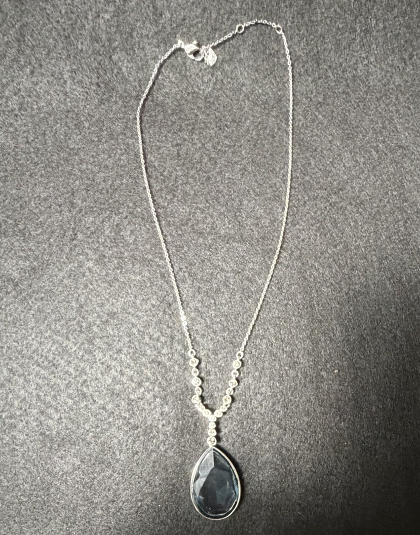 Authentic Swarovski Blue Teardrop Crystal Pendant Necklace Silvertone Adjustable