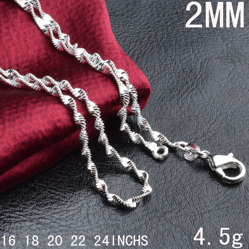 925 Silver Plated 2mm Water Wave Chain Mens Womens Necklace 16″ 18″ 20″ 22″ 24″