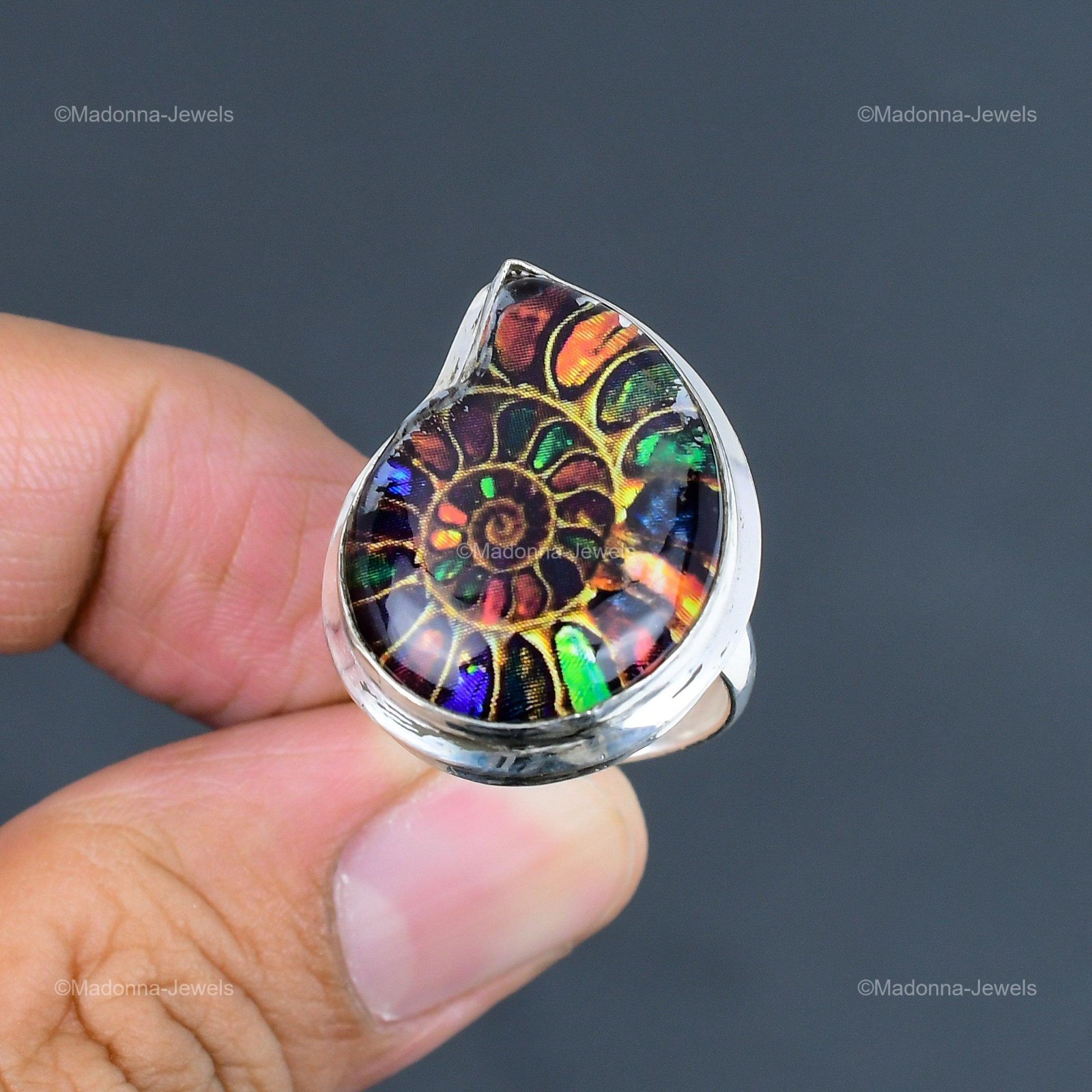 925 Sterling Silver Multi Shade Ammonite Fossil Gemstone Solitaire Ring Jewelry