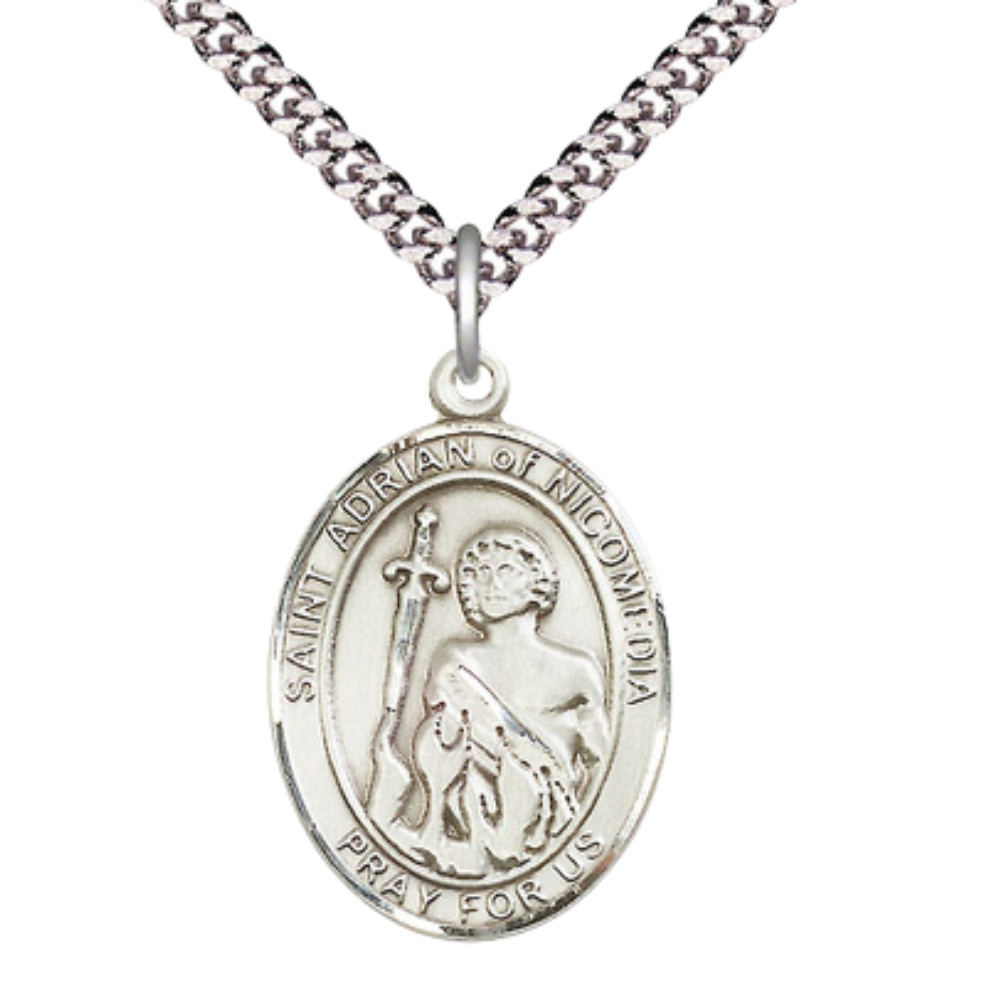 Sterling Silver Saint Adrian of Nicomedia Medal 24″ Lobster Claw Chain Necklace
