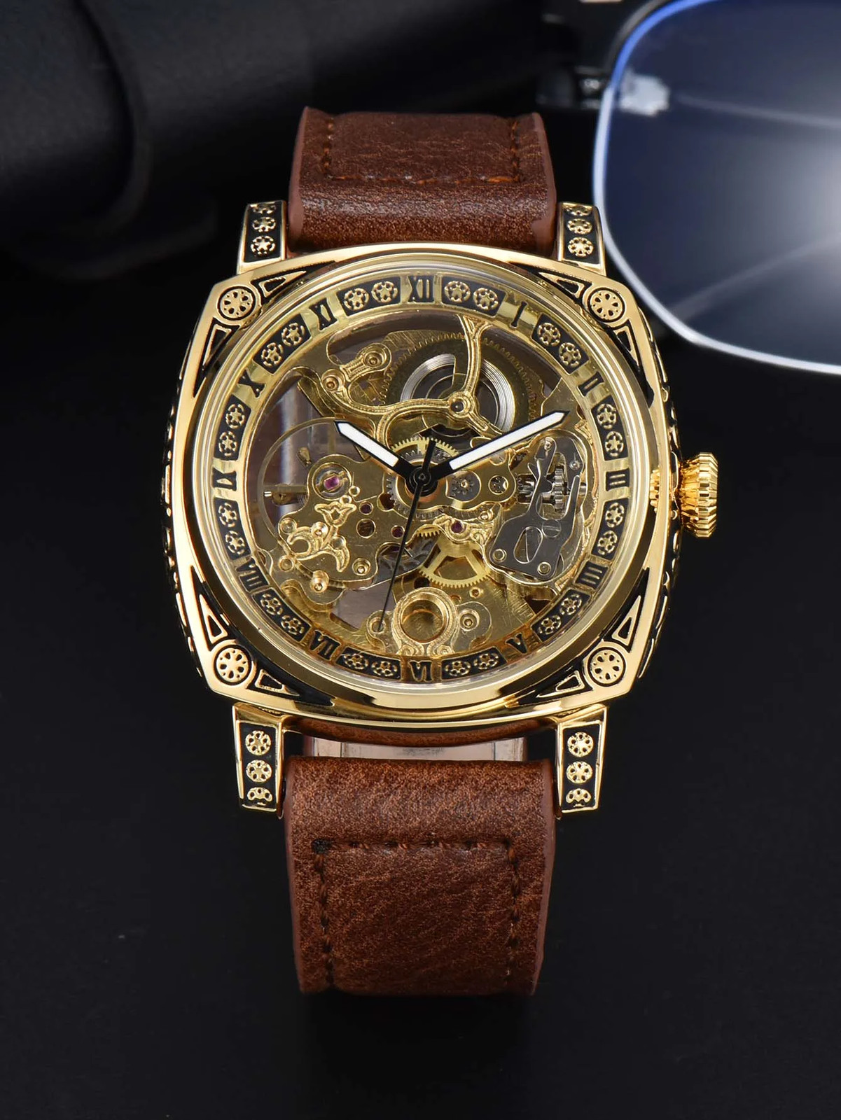 Automatic Retro Skeleton Mechanical Men’s Watch Waterproof Leather Unbranded